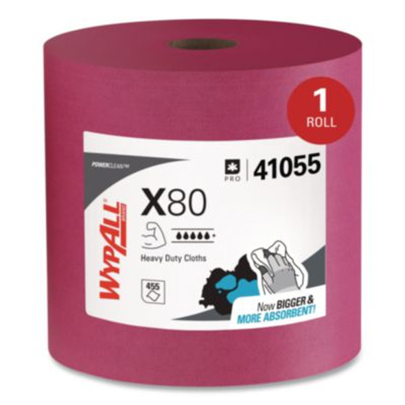 Power Clean X80 Heavy Duty Cloths, Jumbo Roll, Perforated,12.4 x 12.2, Red, 455 Wipers/Roll