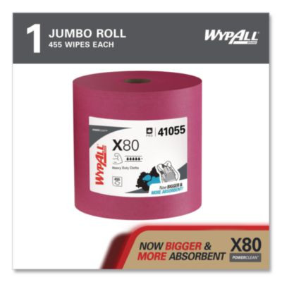 Power Clean X80 Heavy Duty Cloths, Jumbo Roll, Perforated,12.4 x 12.2, Red, 455 Wipers/Roll