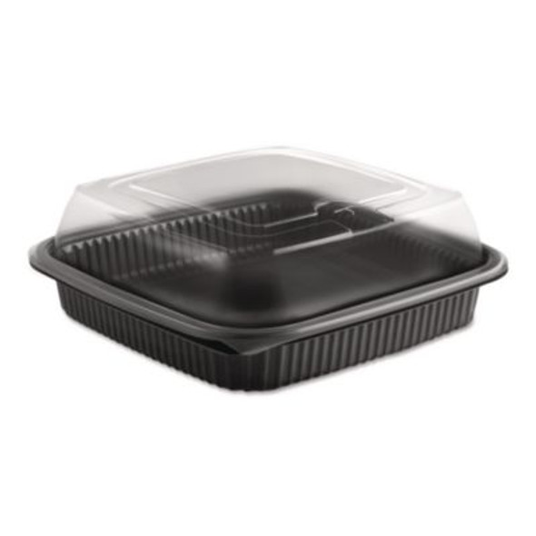 Culinary Squares 2-Piece Microwavable Container, Deep Lid, 36 Oz, 8.46 x 8.46 x 2.91, Clear/Black, Plastic, 150/Carton