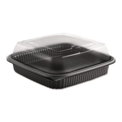 Culinary Squares Two-Piece Microwavable Container, Deep Lid, 36 Oz, 8.46 x 8.46 x 2.91, Clear/Black, Plastic, 150/Carton