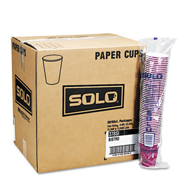 Paper Hot Drink Cups In Bistro Design, 12 Oz, Maroon, 50/Bag, 20 Bags/Carton