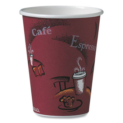 Paper Hot Drink Cups In Bistro Design, 12 Oz, Maroon, 50/Bag, 20 Bags/Carton
