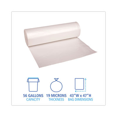 High-Density Can Liners, 56 Gal, 19 Mic, 43" x 47", Natural, Perforated Roll, 25 Bags/Roll, 6 Rolls/Carton