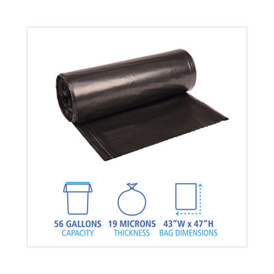 High-Density Can Liners, 56 Gal, 19 Mic, 43" x 47", Black, Perforated Roll, 25 Bags/Roll, 6 Rolls/Carton