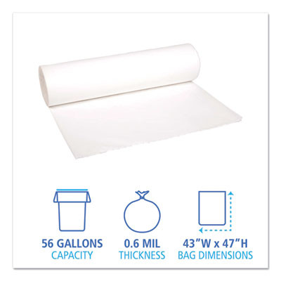 Low-Density Waste Can Liners, 56 Gal, 0.6 Mil, 43" x 47", White, Perforated Roll, 25 Bags/Roll, 4 Rolls/Carton