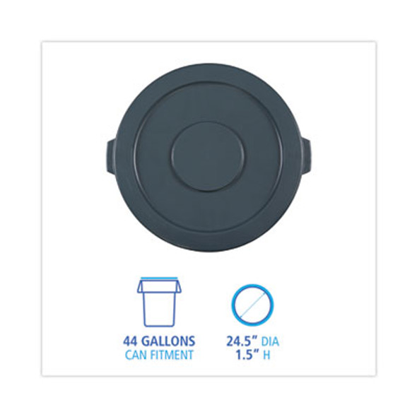 Lids For 44 Gal Waste Receptacles, Flat-Top, Round, Plastic Gray