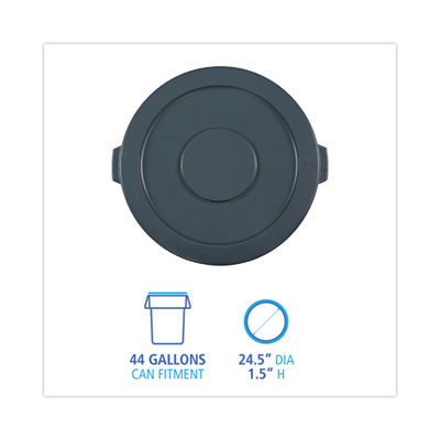 Lids For 44 Gal Waste Receptacles, Flat-Top, Round, Plastic Gray