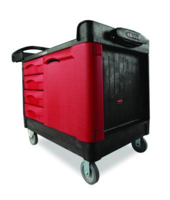 Trademaster Cart With One Door, Plastic, 3 Shelves, 4 Drawers, 750 Lb Capacity, 26.25" x 49" x 38", Black