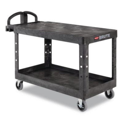 Heavy-Duty Utility Cart With Flat Shelves, Plastic, 2 Shelves, 500 Lb Capacity, 25.25" x 54" x 36", Black