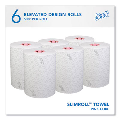 Slimroll Towels, 1-Ply, 8" x 580 Ft, White/Pink Core, Traditional Business, 6 Rolls/Carton