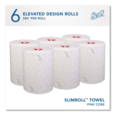 Slimroll Towels, 1-Ply, 8" x 580 Ft, White/Pink Core, Traditional Business, 6 Rolls/Carton