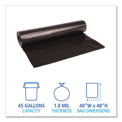 Recycled Low-Density Polyethylene Can Liners, 45 Gal, 0.8 Mil, 40" x 48", Black, Perforated, 10 Bags/Roll, 10 Rolls/Carton