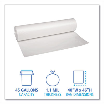 Recycled Low-Density Polyethylene Can Liners, 45 Gal, 1.1 Mil, 40" x 46", Clear, Perforated, 10 Bags/Roll, 10 Rolls/Carton