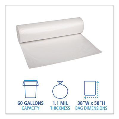 Recycled Low-Density Polyethylene Can Liners, 60 Gal, 1.1 Mil, 38" x 58", Clear, Perforated, 10 Bags/Roll, 10 Rolls/Carton