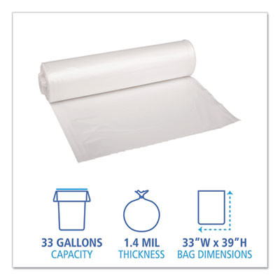 Recycled Low-Density Polyethylene Can Liners, 33 Gal, 1.4 Mil, 33" x 39", Clear, Perforated, 10 Bags/Roll, 10 Rolls/Carton