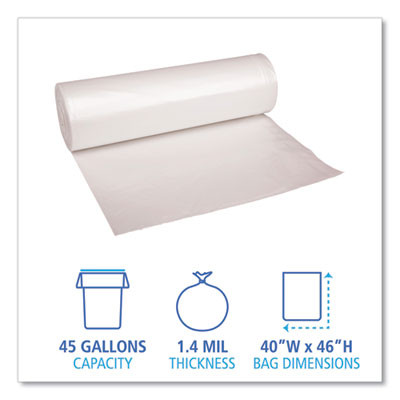 Recycled Low-Density Polyethylene Can Liners, 45 Gal, 1.4 Mil, 40" x 46", Clear, Perforated, 10 Bags/Roll, 10 Rolls/Carton