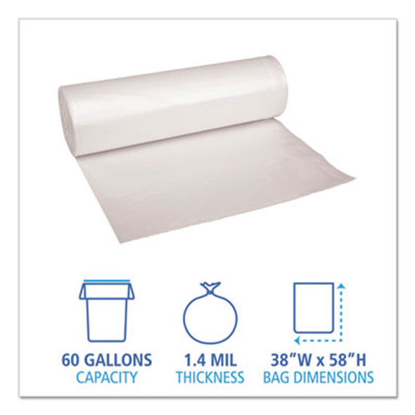 Recycled Low-Density Polyethylene Can Liners, 60 Gal, 1.4 Mil, 38" x 58", Clear, Perforated, 10 Bags/Roll, 10 Rolls/Carton