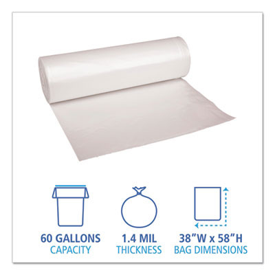 Recycled Low-Density Polyethylene Can Liners, 60 Gal, 1.4 Mil, 38" x 58", Clear, Perforated, 10 Bags/Roll, 10 Rolls/Carton