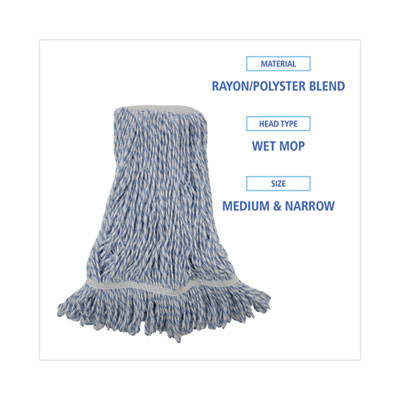 Floor Finish Mop Head, Narrow, Rayon/Polyester, Medium, White/Blue Stripes, 12/Carton