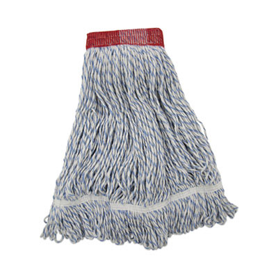 Floor Finish Mop Head, Wide, Rayon/Polyester, Large, White/Blue Stripes, 12/Carton
