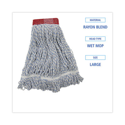 Floor Finish Mop Head, Wide, Rayon/Polyester, Large, White/Blue Stripes, 12/Carton