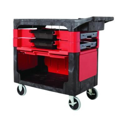 Trades Cart With Locking Storage Area, Plastic, 2 Shelves, 2 Drawers, 330 Lb Capacity, 19.25" x 38" x 33.38", Black