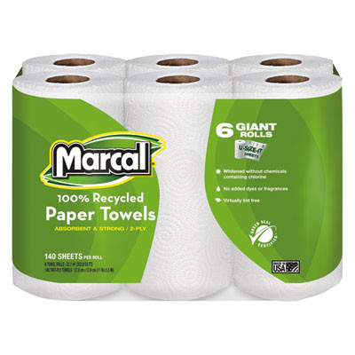 100% Premium Recycled Kitchen Roll Towels, 2 Ply, 11 x 5.5, White, 140/Roll, 24 Rolls/Carton