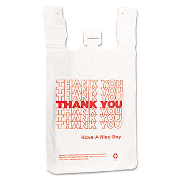 Plastic Thank-You T-Sack, Thank You - Have a Nice Day Labeling, Cut-Out Handles, 4" x 6" x 15", White/Red, 2,000/Carton