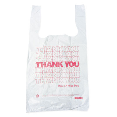 Plastic Thank-You T-Sack, Thank You - Have a Nice Day Labeling, Cut-Out Handles, 4" x 6" x 15", White/Red, 2,000/Carton