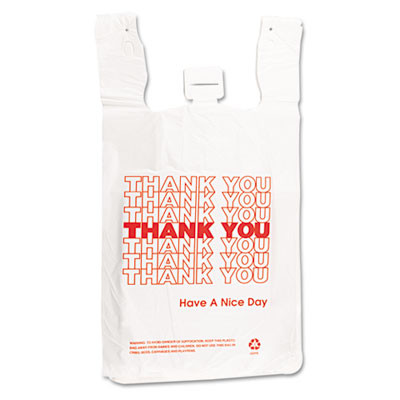 Plastic Thank-You T-Sack, Thank You - Have a Nice Day Labeling, Cut-Out Handles, 4" x 6" x 15", White/Red, 2,000/Carton