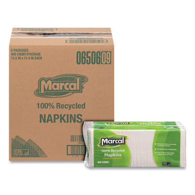 100% Recycled Luncheon Napkins, 1 Ply, 11.4 x 12.5, White, 400/Pack, 6 Packs/Carton