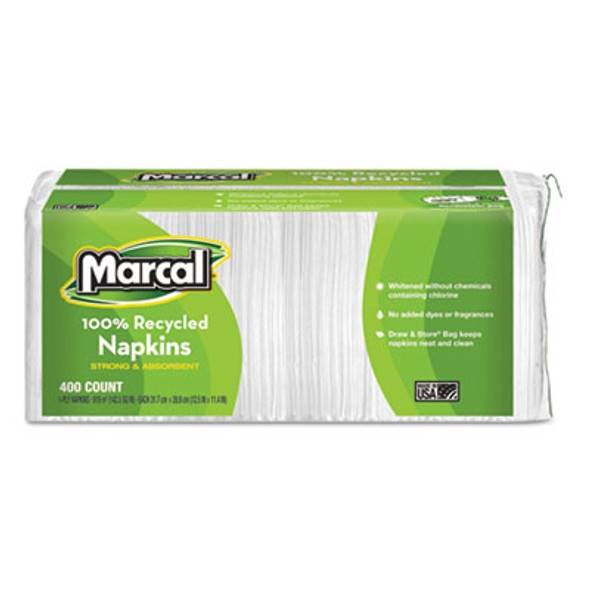 100% Recycled Lunch Napkins, 1-Ply, 11.4 X 12.5, White, 400/Pack