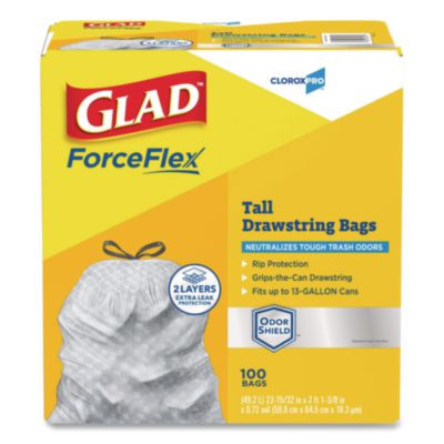 Cloroxpro Forceflex Tall Kitchen Drawstring Trash Bags, 13 Gal, 23.75 x 24.88, Gray, 100/Box