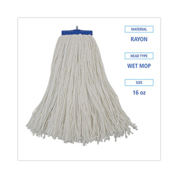Cut-End Lie-Flat Wet Mop Head, Rayon, 16Oz, White, 12/Carton