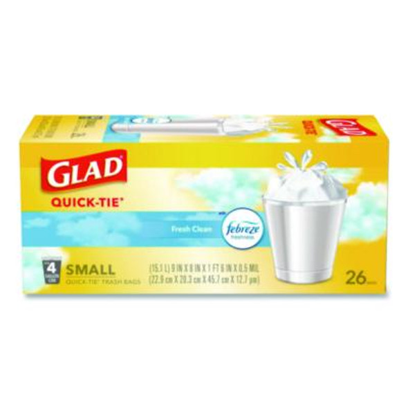 Odorshield Quick-Tie Small Trash Bags, Tie-Flap, 4 Gal, Febreze Fresh Clean Scent, 8 x 18, White, 26 Bags/Box, 6 Boxes/Carton