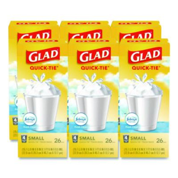 Odorshield Quick-Tie Small Trash Bags, Tie-Flap, 4 Gal, Febreze Fresh Clean Scent, 8 x 18, White, 26 Bags/Box, 6 Boxes/Carton