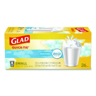 Odorshield Quick-Tie Small Trash Bags, Tie-Flap, 4 Gal, Febreze Fresh Clean Scent, 8 x 18, White, 26 Bags/Box, 6 Boxes/Carton