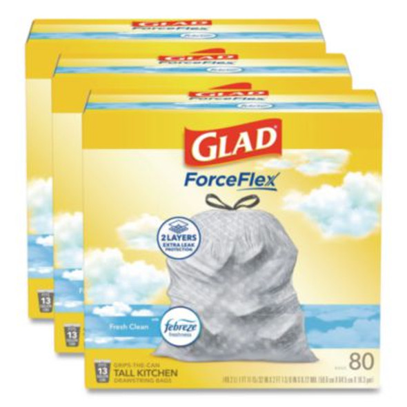 Forceflex Kitchen Drawstring Trash Bags, 13 Gal, Fresh Clean Scent, 24" x 27.38", White, 80 Bags/Box, 3 Boxes/Carton