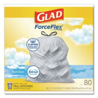 Forceflex Kitchen Drawstring Trash Bags, 13 Gal, Fresh Clean Scent, 24" x 27.38", White, 80 Bags/Box, 3 Boxes/Carton
