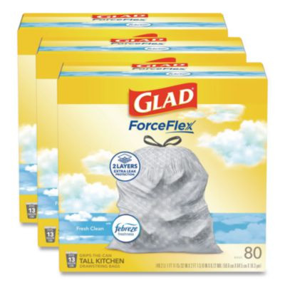 Forceflex Kitchen Drawstring Trash Bags, 13 Gal, Fresh Clean Scent, 24" x 27.38", White, 80 Bags/Box, 3 Boxes/Carton