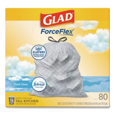 Forceflex Kitchen Drawstring Trash Bags, 13 Gal, Fresh Clean Scent, 24" x 27.38", White, 80 Bags/Box, 3 Boxes/Carton