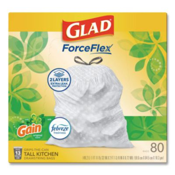 Forceflex Kitchen Drawstring Trash Bags, 13 Gal, Gain Original Scent, 24" x 27.38", White, 80 Bags/Box, 3 Boxes/Carton