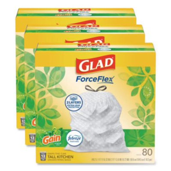 Forceflex Kitchen Drawstring Trash Bags, 13 Gal, Gain Original Scent, 24" x 27.38", White, 80 Bags/Box, 3 Boxes/Carton