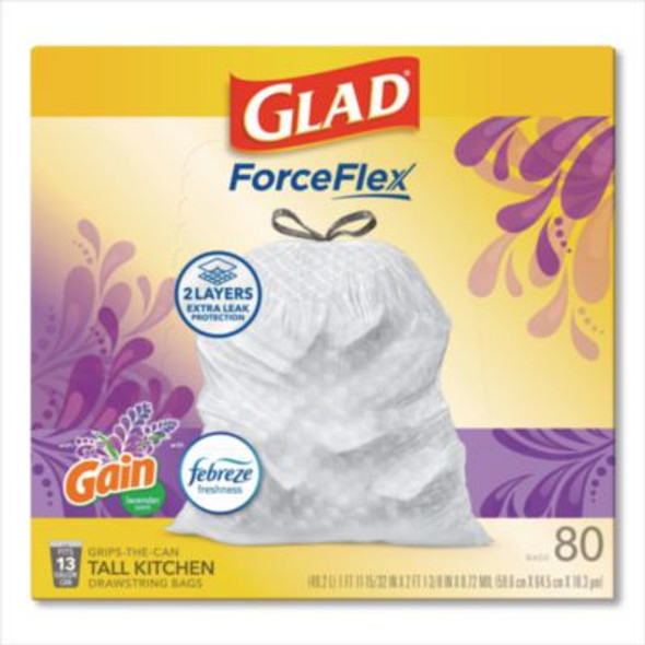 Forceflex Kitchen Drawstring Trash Bags, 13 Gal, Gain Lavender Scent, 24 x 27.38, White, 80 Bags/Box, 3 Boxes/Carton