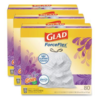 Forceflex Kitchen Drawstring Trash Bags, 13 Gal, Gain Lavender Scent, 24 x 27.38, White, 80 Bags/Box, 3 Boxes/Carton