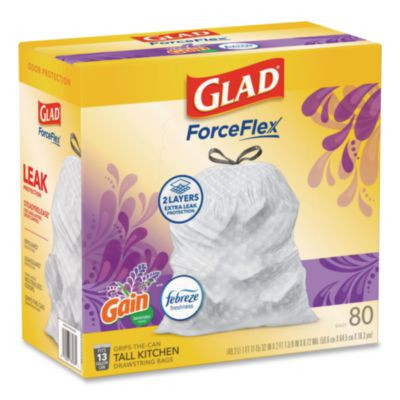 Forceflex Kitchen Drawstring Trash Bags, 13 Gal, Gain Lavender With Febreze Freshness, 24 x 27.38, White, 80/Box