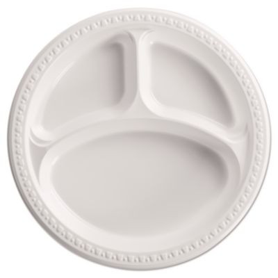 Heavyweight Plastic 3-Compartment Plates, 10.25" Dia, White, 125/Pack, 4 Packs/Carton
