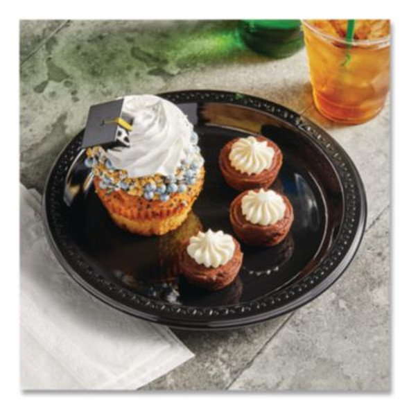 Heavyweight Plastic Plates, 9" Dia, Black, 125/Pack, 4 Packs/Carton
