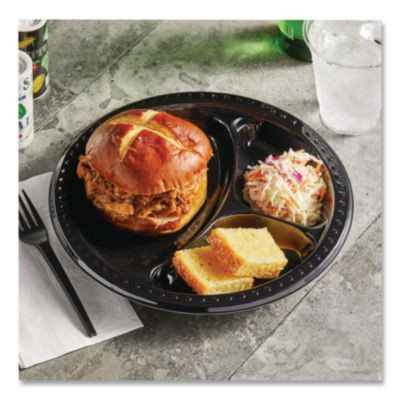 Heavyweight Plastic 3-Compartment Plates, 10.25" Dia, Black, 125/Pack, 4 Packs/Carton