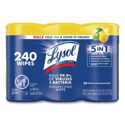 Disinfecting Wipes, 1-Ply, 7 x 7.25, Lemon And Lime Blossom, White, 80 Wipes/Canister, 3 Canisters/Pack, 2 Packs/Carton